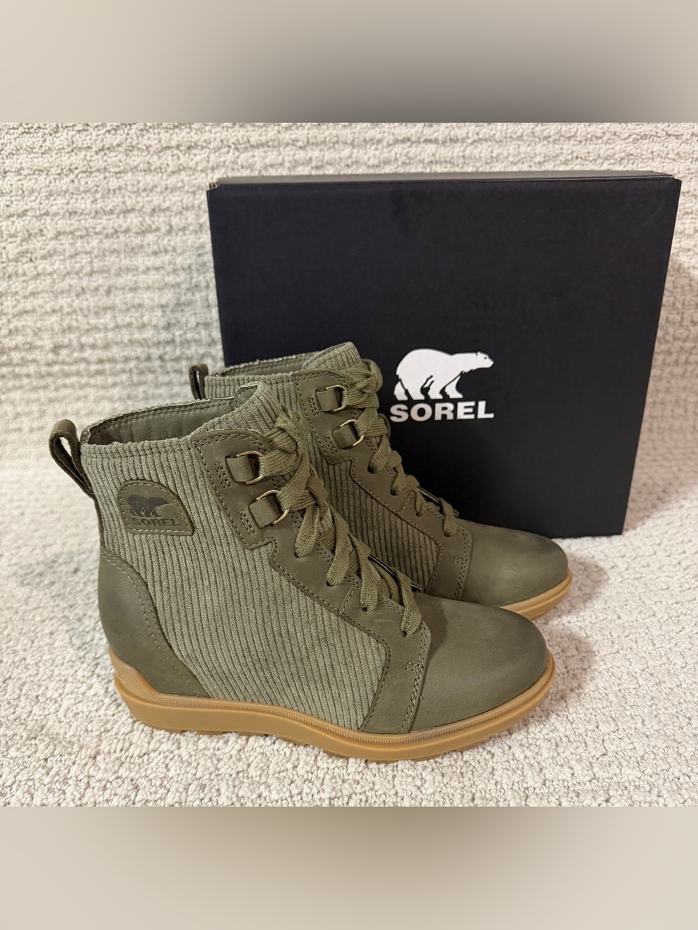 Sorel Women Size 5.5 Evie II NW Lace Stone Green Waterproof Wedge Booties Boots